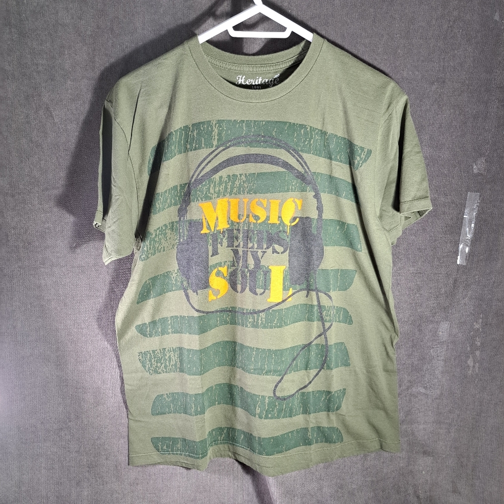 Heritage 1981 "Music Feeds My Soul" Khaki Green Striped Graphic Tee NWOT L